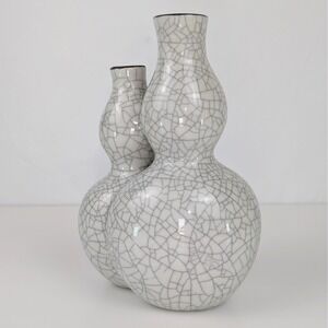 Vtg Crackle Double Gourd Vases White‎ Glaze Ceramic Asian Decor MMA WAQ 1994